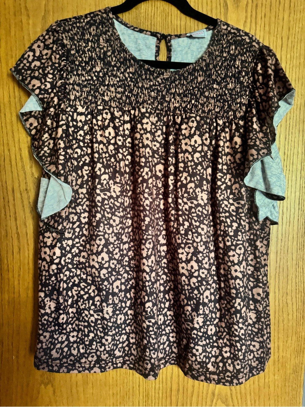 Wolven Black and Pink Floral Smocked Ruffle Sleeve Top